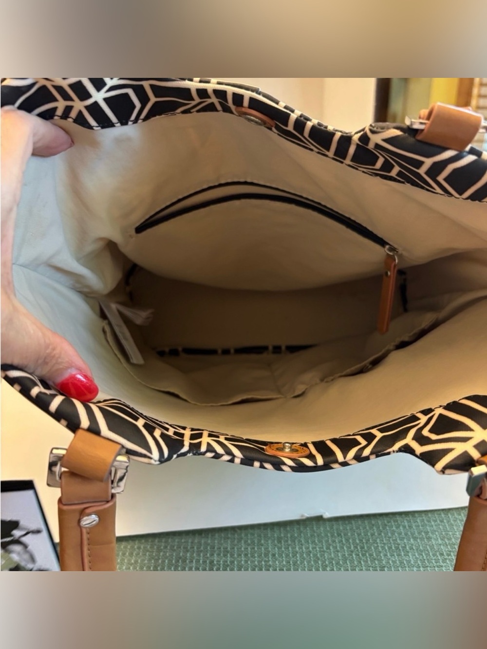 Petunia Pickle Bottom Black and White Geometric Tote with Brown Handles - Picture 4 of 5